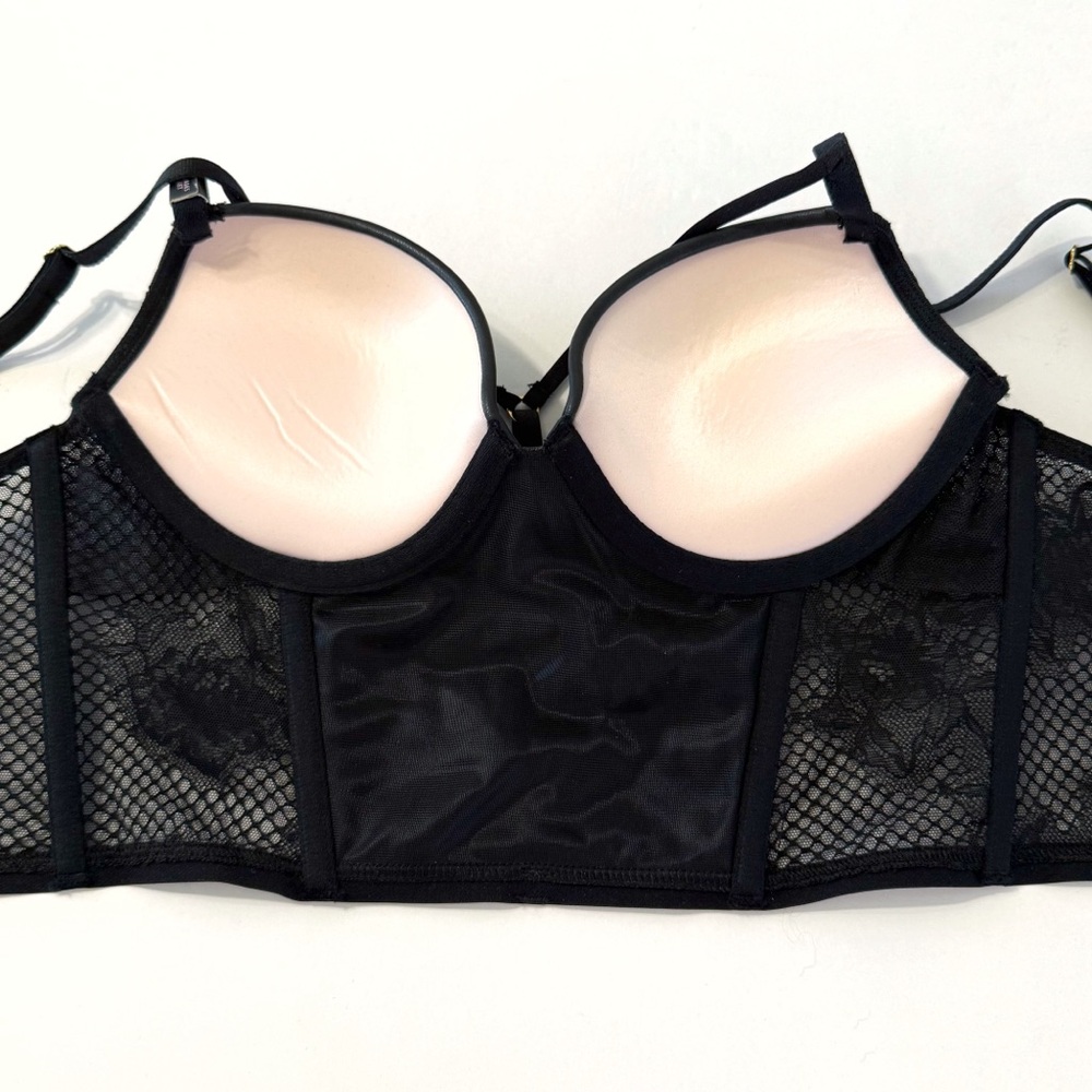 VICTORIAS SECRET BLACK LEATHER FISHNET MESH VERY SEXY PUSH-UP CORSET BUSTIER BRA - Picture 5 of 10